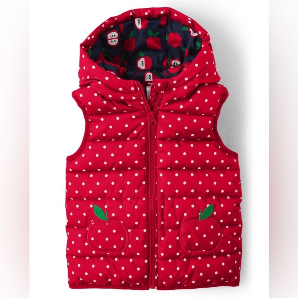 Gymboree Girls Hooded Reversible Puffer Vest Red White Polka Dot Apple Print 6